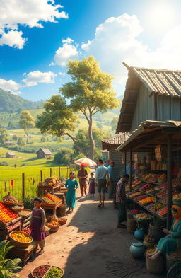 An imaginative, enchanting scene depicting a vibrant, bustling village market in a remote countryside, showcasing colorful stalls filled with exotic fruits, spices, and handmade crafts