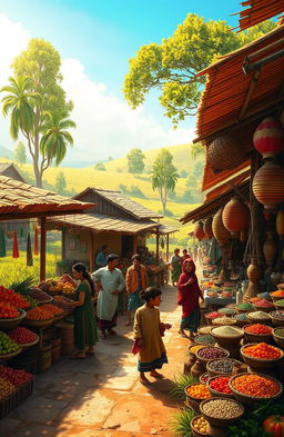 An imaginative, enchanting scene depicting a vibrant, bustling village market in a remote countryside, showcasing colorful stalls filled with exotic fruits, spices, and handmade crafts