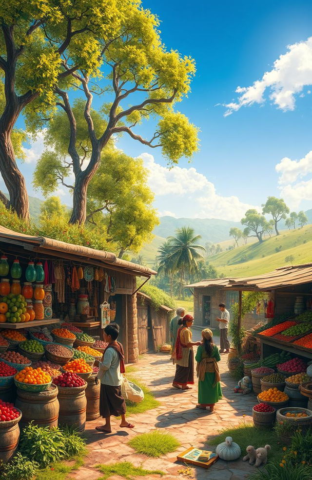 An imaginative, enchanting scene depicting a vibrant, bustling village market in a remote countryside, showcasing colorful stalls filled with exotic fruits, spices, and handmade crafts