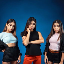 Three beautiful girls with fair skin, straight hair, and almond-shaped eyes posing coolly against a blue and black background