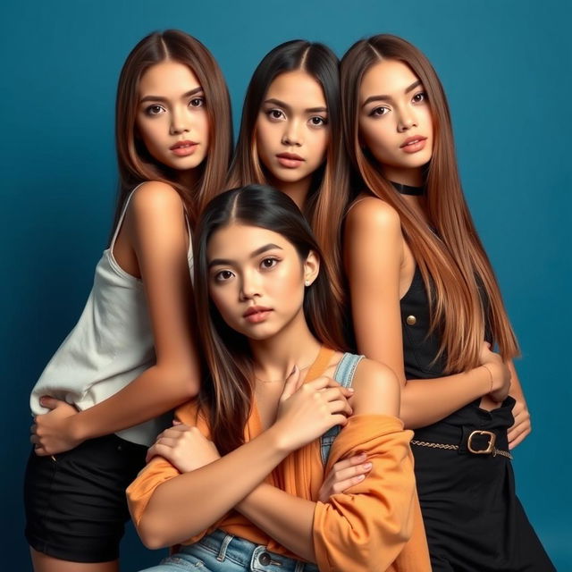 Three beautiful girls with fair skin, straight hair, and almond-shaped eyes posing coolly against a blue and black background