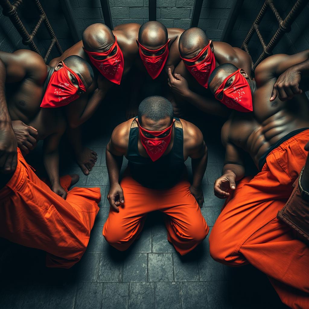 A dramatic view from the ground looking up, showcasing a circle of large, muscular African American gang members surrounding the viewer