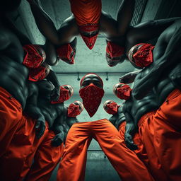 A dramatic view from the ground looking up, showcasing a circle of large, muscular African American gang members surrounding the viewer