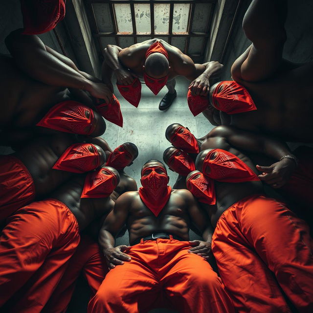 A dramatic view from the ground looking up, showcasing a circle of large, muscular African American gang members surrounding the viewer