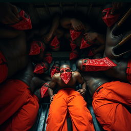 A dramatic view from the ground looking up, showcasing a circle of large, muscular African American gang members surrounding the viewer