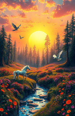 A breathtaking fantasy landscape featuring a vivid sunset over a lush, enchanted forest, with tall, ancient trees and vibrant wildflowers in full bloom