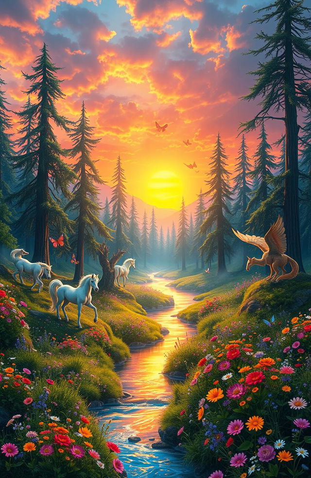 A breathtaking fantasy landscape featuring a vivid sunset over a lush, enchanted forest, with tall, ancient trees and vibrant wildflowers in full bloom