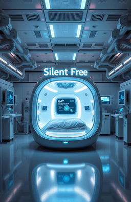 A futuristic science laboratory featuring a sleek and modern VR sleeping pod design, with soft, glowing lights and high-tech interface