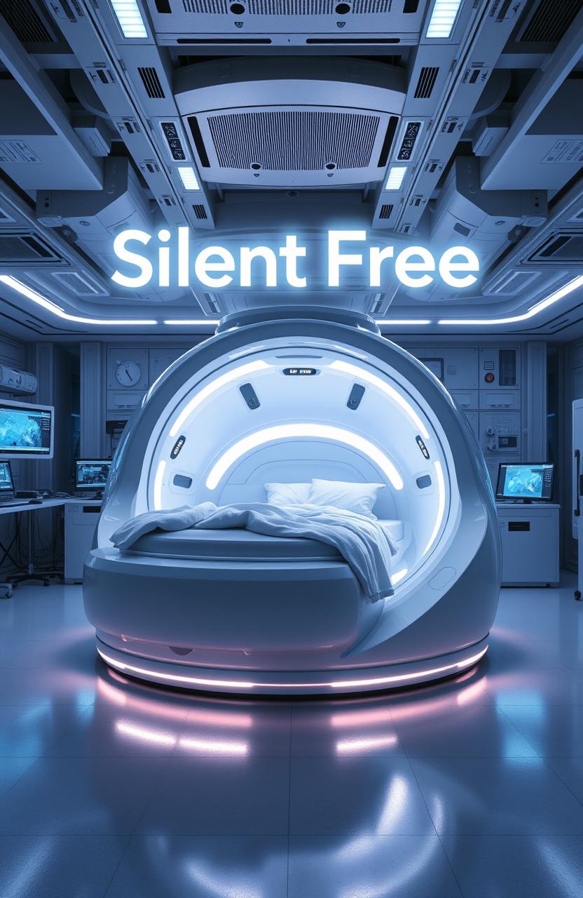 A futuristic science laboratory featuring a sleek and modern VR sleeping pod design, with soft, glowing lights and high-tech interface