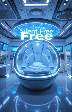 A futuristic science laboratory featuring a sleek and modern VR sleeping pod design, with soft, glowing lights and high-tech interface