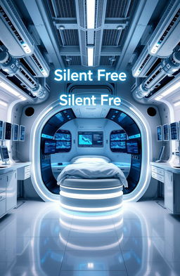 A futuristic science laboratory featuring a sleek and modern VR sleeping pod design, with soft, glowing lights and high-tech interface