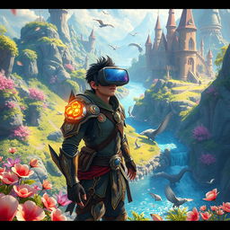 A vibrant and immersive VR fantasy game world inspired by the book 'Zenia Zone Online'