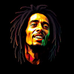 A photorealistic t-shirt design featuring an iconic portrait of Bob Marley, capturing a character very similar to the original, depicted in polygon art style