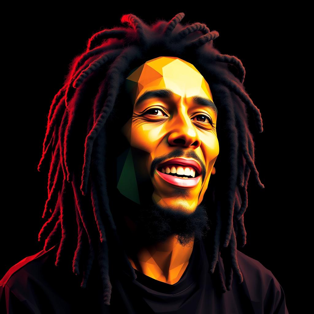 A photorealistic t-shirt design featuring an iconic portrait of Bob Marley, capturing a character very similar to the original, depicted in polygon art style