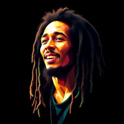 A photorealistic t-shirt design featuring an iconic portrait of Bob Marley, capturing a character very similar to the original, depicted in polygon art style
