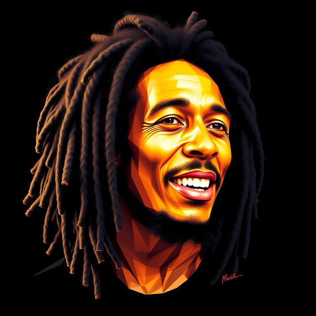 A photorealistic t-shirt design featuring an iconic portrait of Bob Marley, capturing a character very similar to the original, depicted in polygon art style