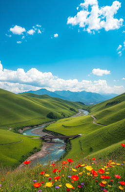 A serene landscape of Haobin, showcasing lush green rolling hills under a vibrant blue sky speckled with fluffy white clouds