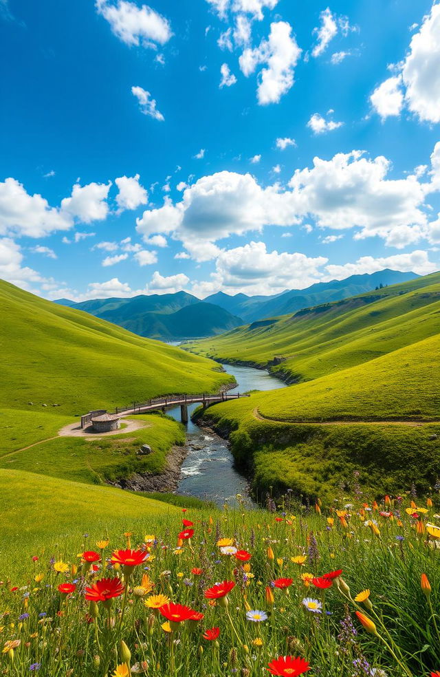 A serene landscape of Haobin, showcasing lush green rolling hills under a vibrant blue sky speckled with fluffy white clouds