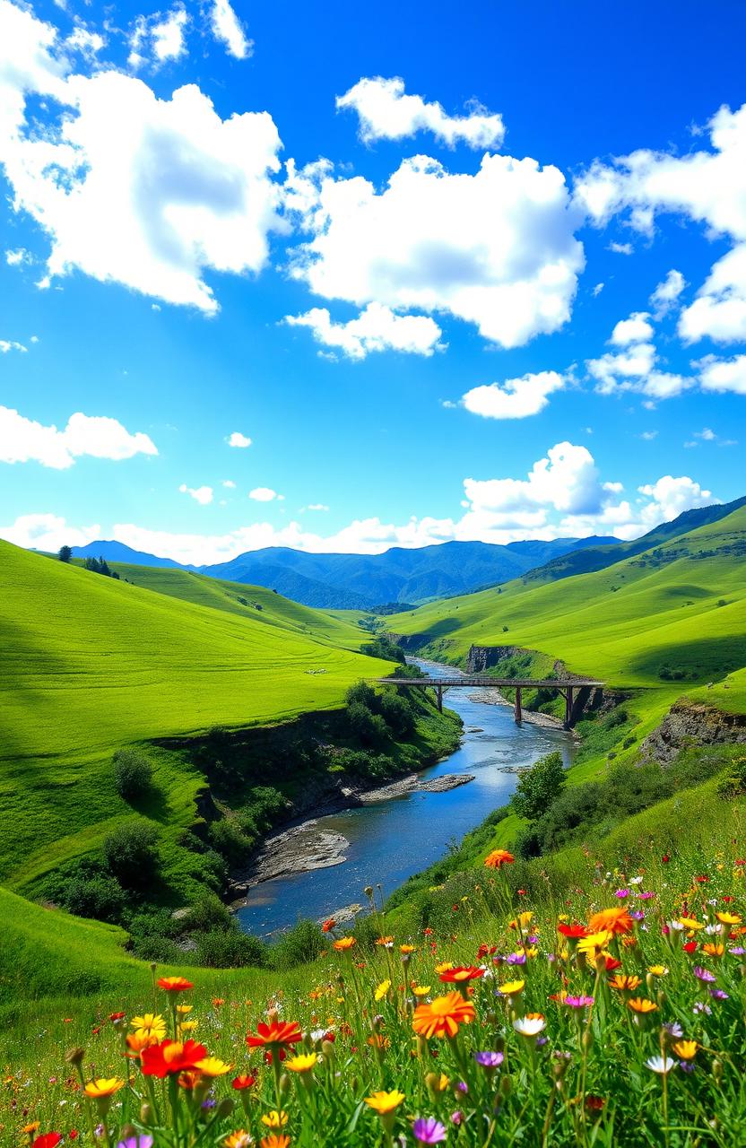 A serene landscape of Haobin, showcasing lush green rolling hills under a vibrant blue sky speckled with fluffy white clouds