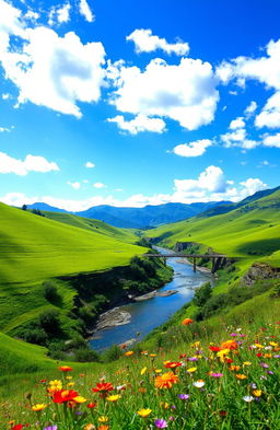 A serene landscape of Haobin, showcasing lush green rolling hills under a vibrant blue sky speckled with fluffy white clouds