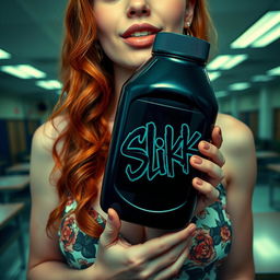 Close-up shot of a gorgeous female redhead with a large chest and stunning cleavage, wearing a floral pattern sundress