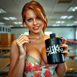 Close-up shot of a gorgeous female redhead with a large chest and stunning cleavage, wearing a floral pattern sundress