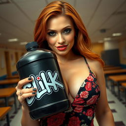 Close-up shot of a gorgeous female redhead with a large chest and stunning cleavage, wearing a floral pattern sundress