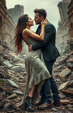 A passionate couple embracing amidst a backdrop of crumbling ruins, symbolizing their forbidden love in a dystopian setting
