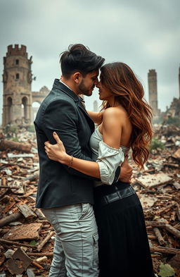 A passionate couple embracing amidst a backdrop of crumbling ruins, symbolizing their forbidden love in a dystopian setting