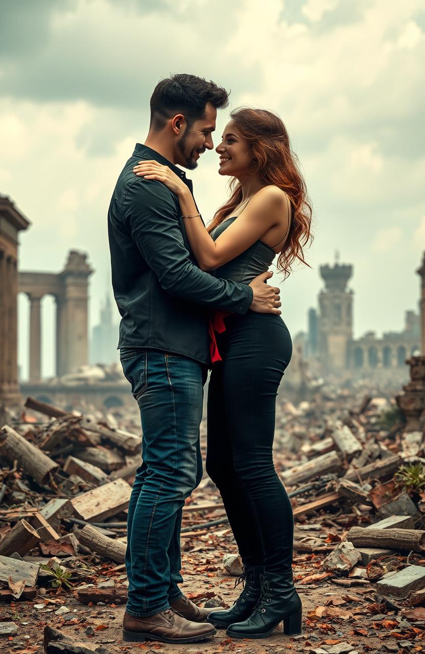 A passionate couple embracing amidst a backdrop of crumbling ruins, symbolizing their forbidden love in a dystopian setting