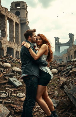 A passionate couple embracing amidst a backdrop of crumbling ruins, symbolizing their forbidden love in a dystopian setting