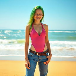 An 18-year-old girl with vibrant green hair, confidently wearing a fashionable One Piece swimsuit tucked under her stylish jeans, which are cinched at the waist with a modern belt