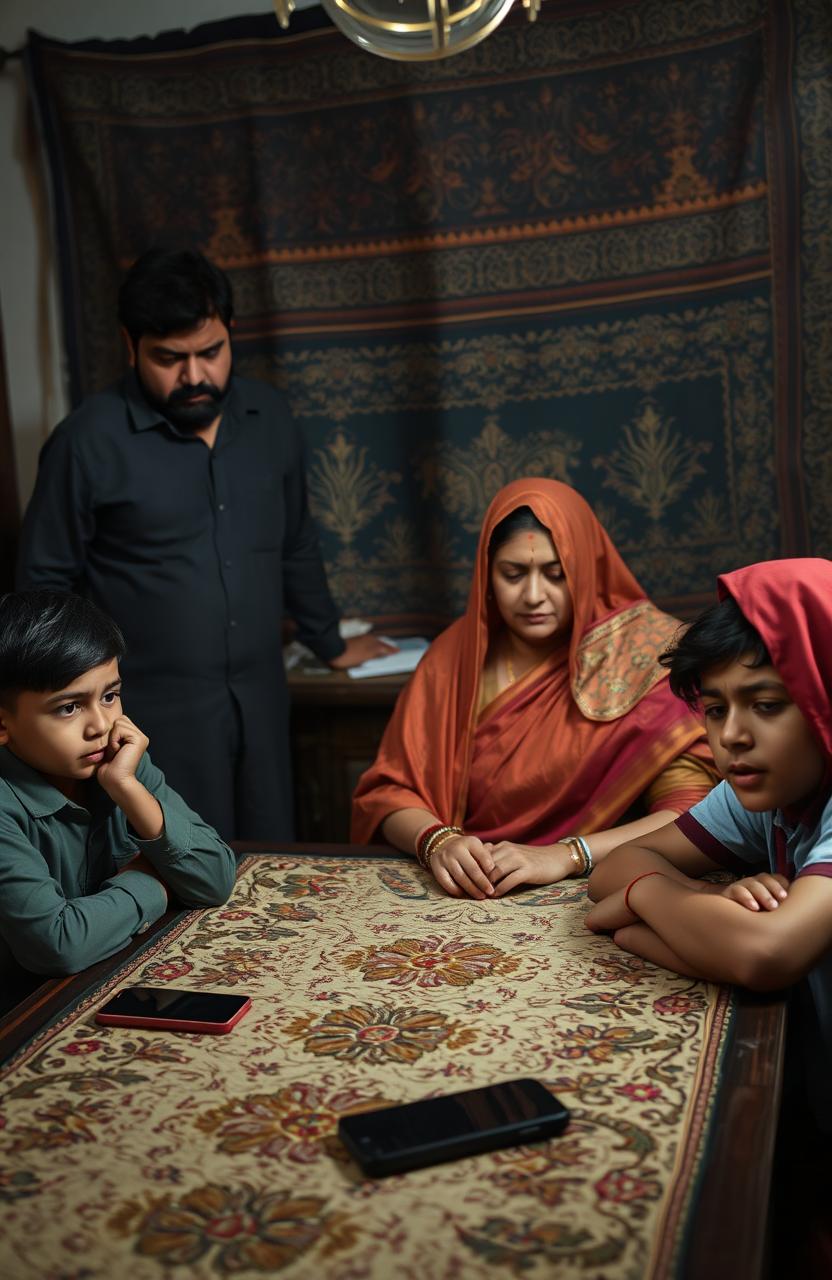 A dramatic scene set in a traditional Punjabi home in Amritsar, Punjab, depicting a male dominated society