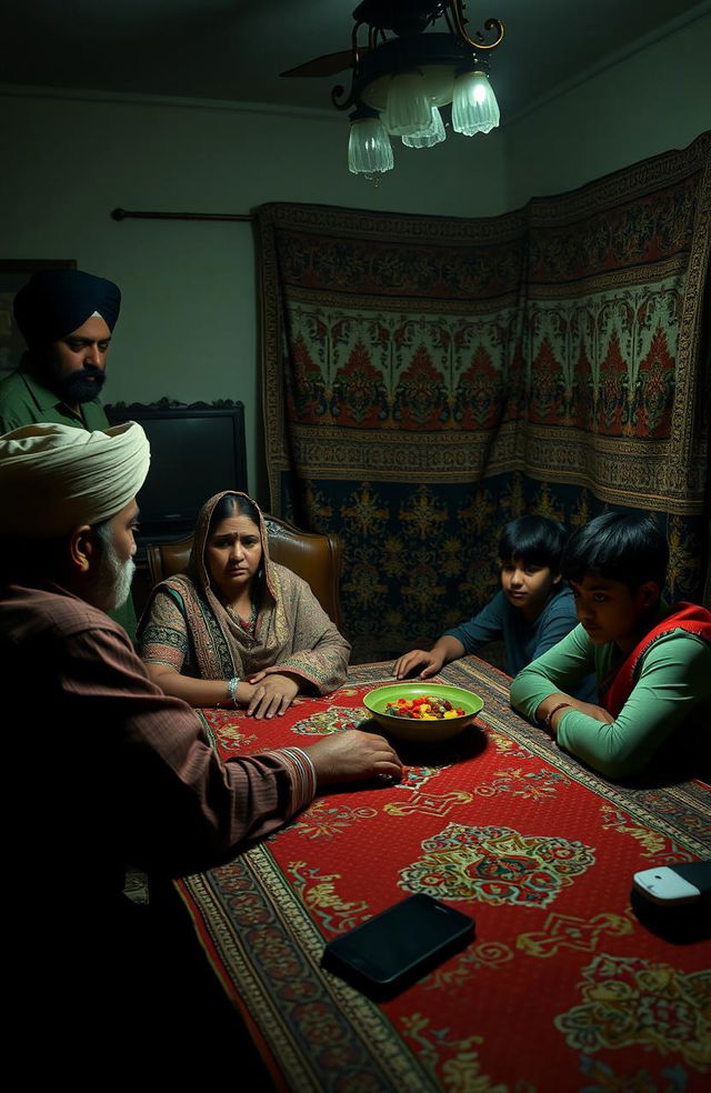 A dramatic scene set in a traditional Punjabi home in Amritsar, Punjab, depicting a male dominated society