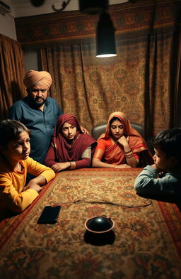 A dramatic scene set in a traditional Punjabi home in Amritsar, Punjab, depicting a male dominated society