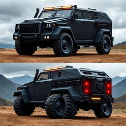 A fierce and powerful design of the Maung Pindad military vehicle, featured from the front, side, and rear views, showcasing a robust and aggressive appearance