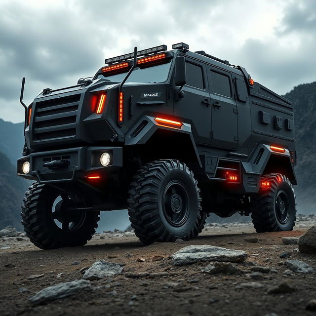 A fierce and powerful design of the Maung Pindad military vehicle, featured from the front, side, and rear views, showcasing a robust and aggressive appearance