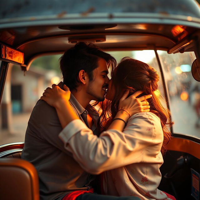 A romantic scene featuring a young woman of Pakistani descent, radiating youthful beauty and allure, set inside an auto rickshaw