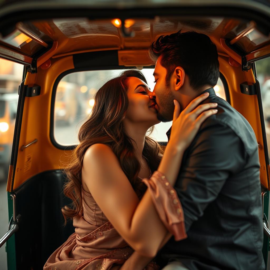 A romantic scene featuring a young woman of Pakistani descent, radiating youthful beauty and allure, set inside an auto rickshaw