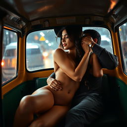 A sensual scene featuring a stunning young woman of Pakistani descent, embodying youthful beauty with long legs, in an intimate moment inside an auto rickshaw