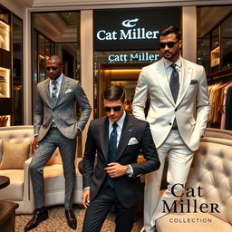 A luxurious men's fashion brand showcasing elegant designs inspired by women's fashion, named 'Cat Miller'