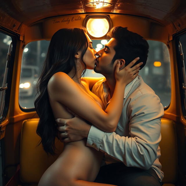 A sensual scene featuring a stunning young woman of Pakistani descent, embodying youthful beauty with long legs, in an intimate moment inside an auto rickshaw