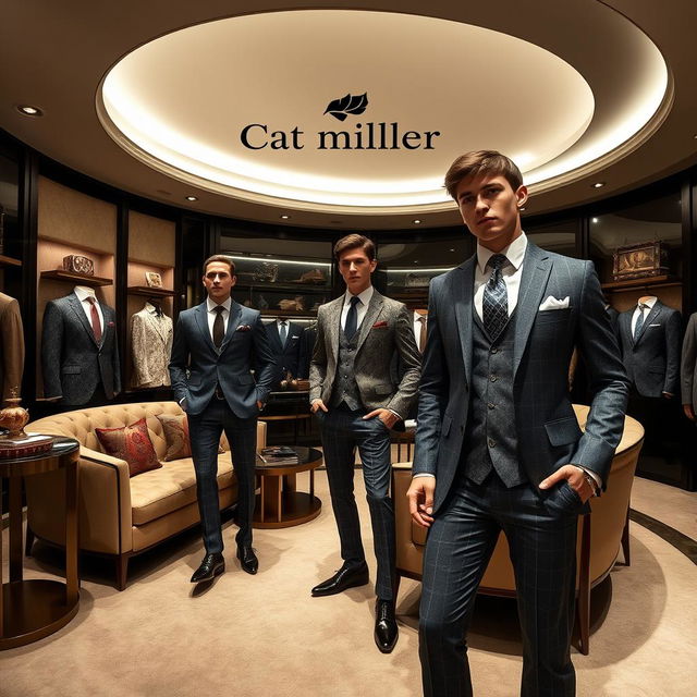 A luxurious men's fashion brand showcasing elegant designs inspired by women's fashion, named 'Cat Miller'