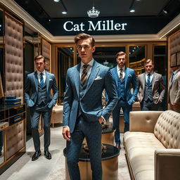 A luxurious men's fashion brand showcasing elegant designs inspired by women's fashion, named 'Cat Miller'