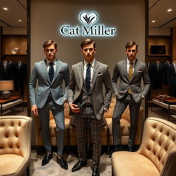 A luxurious men's fashion brand showcasing elegant designs inspired by women's fashion, named 'Cat Miller'