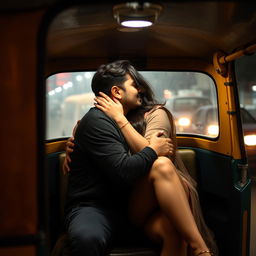 A romantic and intimate scene set in an auto rickshaw featuring a young woman of Pakistani descent, with cute features and long legs