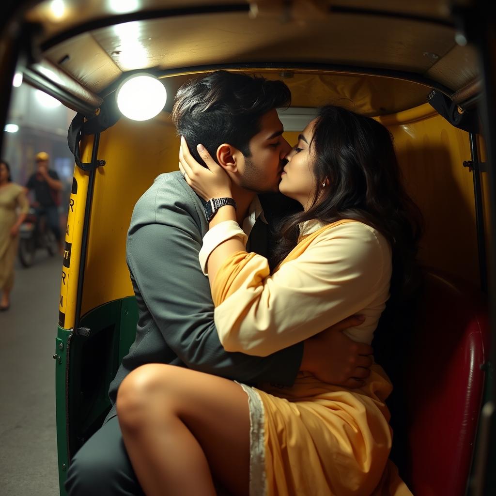 A romantic and intimate scene set in an auto rickshaw featuring a young woman of Pakistani descent, with cute features and long legs