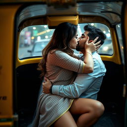A romantic and intimate scene set in an auto rickshaw featuring a young woman of Pakistani descent, with cute features and long legs