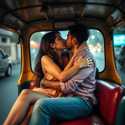 A romantic and intimate scene set in an auto rickshaw featuring a young woman of Pakistani descent, with cute features and long legs
