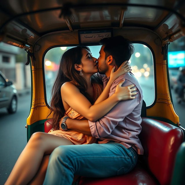 A romantic and intimate scene set in an auto rickshaw featuring a young woman of Pakistani descent, with cute features and long legs